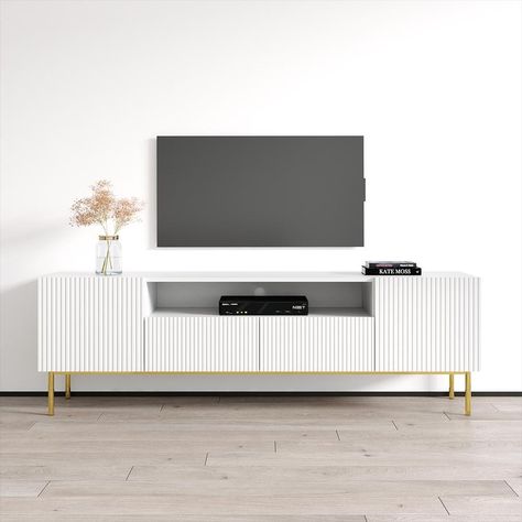 Nicole 75" TV Stand - On Sale - Bed Bath & Beyond - 35499678 Fluted Drawers, Led Tv Panel, Sectional Sofa Decor, Tv Console Design, Dining Table Small Space, Upstairs Bonus Room, White Tv Unit, New Home Interior Design, L Shaped Sofa Designs