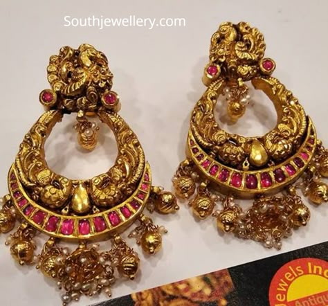 Gold Chandbali Earrings Design, Chandbali Earrings Gold, Big Earrings Gold, Gold Peacock, Gold Temple Jewellery, Gold Jhumka Earrings, Antique Necklaces Design, Antique Gold Jewelry Indian, Indian Bridal Jewelry Sets