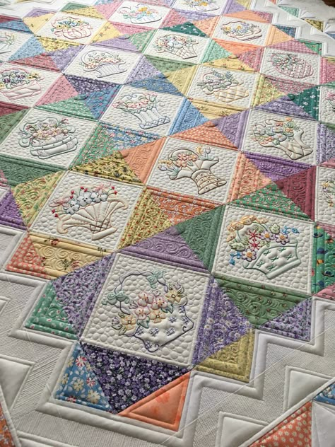 Embroidery quilt. FMQ and ruler work on my Innova longarm. Embroidery Squares Quilt, Quilts With Embroidery Blocks, Embroidered Quilt Blocks Ideas, Quilt Block Layout Ideas, Embroidered Quilts Ideas, Doily Quilts, Handkerchief Quilts, Hankie Quilts, Linen Projects