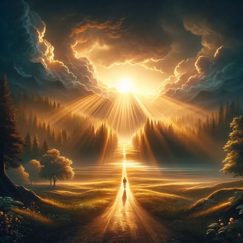 An image capturing the essence of hope and faith amidst life's trials. The scene depicts a serene landscape with a path leading through a beautiful forest, symbolizing the journey of life. The sun is breaking through the clouds, casting warm, golden rays onto the path, representing divine guidance and reassurance. In the foreground, a person stands facing the light, their posture reflective of... Jesus Leading The Way, Christian Background Images Landscape, Sunset Jesus, Cross With Sunset Background, Cross With Sunset, Samsung Galaxy Wallpaper Android, Biblical Artwork, Muhammed Sav, Shield Of Faith