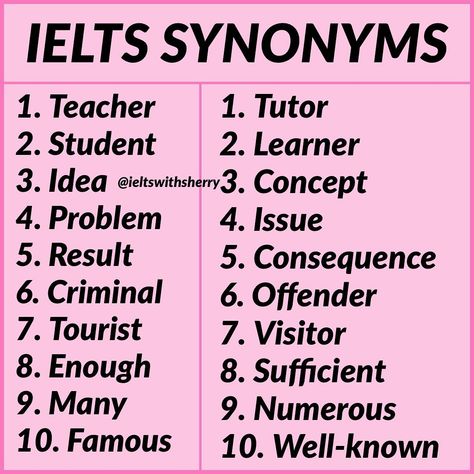 Sherry | IELTS instructor on Instagram: “🌸 Common IELTS synonyms 🌸 • • • @ieltswithsherry • • • • #ieltssynonyms #synonym #englishsynonyms #ieltswithsherry #synonyms…” Ielts Vocabulary Synonyms, Resume Words Skills, Silent Letters, Advance English, Intelligent Words, English Tutor, Ielts Test, English Grammar Notes, Learn Korea