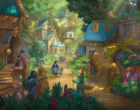 Tropical Village Concept Art, Magical Village Art, Fairy Village Drawing, Leesha Hannigan, Ganesha Story, Town Drawing, Village Drawing, Forest Village, Fantasy Village