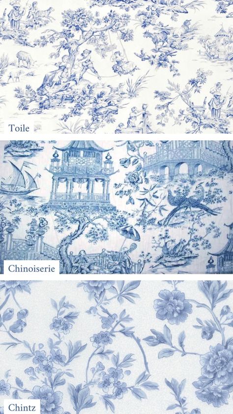 My research revealed that: toile is a fabric that originates in France and which pattern depicts a scene (e.g. a landscape that often involves figures); chinoiserie is similar, but has a decidedly Asian (specifically Chinese) flare – patterns of which are frequently found on classic ginger jars; and chintz is a pattern that originated in India and is most often a floral design (which is a “shabby chic” favorite!)… the more you know! Ginger Jar Wallpaper, Chinoiserie Pattern, Chinese Pattern, Blue Chinoiserie, Chinoiserie Chic, Wall Paint Colors, My Clothes, Class Projects, The More You Know