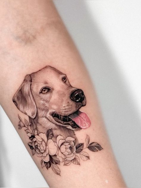 Dog Portrait Tattoo With Flowers, Dog Portrait Tattoo Placement, Dog With Flowers Tattoo, Dog Floral Tattoo, Dog Portrait Tattoo Flowers, Kaiser Tattoo, Dog Flower Tattoo, Lab Tattoo Ideas, Onyx Tattoo