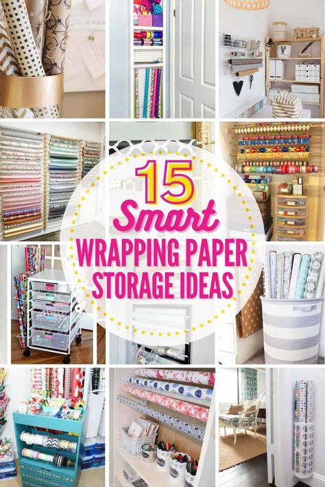 15 BEST WRAPPING PAPER STORAGE IDEAS! Love gift giving but can't stand the gift wrap clutter? Here are 15 AWESOME wrapping paper storage solutions and organizing ideas that will help! #wrappingpaperstorageideas #giftwrapstorage #storagesolutions #storageideas #organizing Wrapping Paper Storage Ideas, Diy Wrapping Paper Storage, Wrapping Paper Station, Paper Storage Ideas, Tissue Paper Storage, Wrapping Paper Holder, Gift Bag Organization, Gift Bag Storage, Wrapping Paper Organization