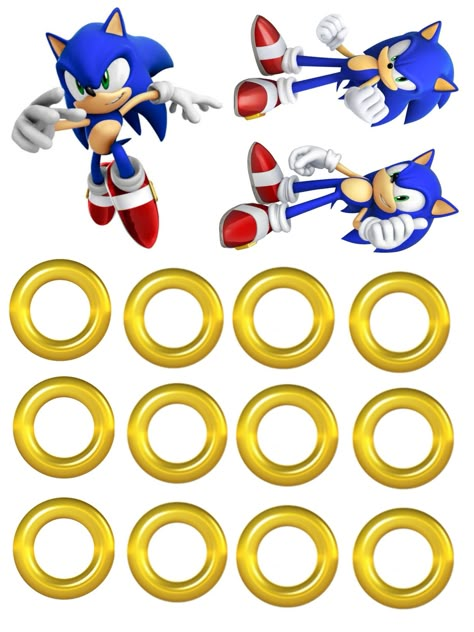 Sonic Topper Printable, Sonic Donuts Ideas, Sonic Ring Png, Sonic Golden Rings, Sonic Cake Topper Printable, Sonic Printable, Sonic Cake Topper, Topper Sonic, Sonic Birthday Cake