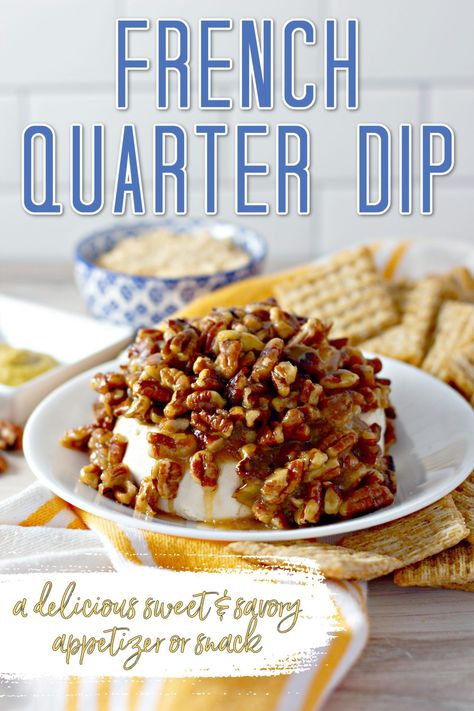 Pecan and Cream Cheese French Quarter Dip is a delicious sweet and savory spread to serve with crackers. Savory cream cheese with a hint of garlic and onion flavor topped with sweet glazed pecans is an incredibly flavorful snack or appetizer! #dip #appetizer #pecans #frenchquarterdip Maple Pecan Cream Cheese Dip, Pecan And Cream Cheese Dip, Honey Walnut Cream Cheese Spread, Bacon Pecan Goat Cheese Dip, Cream Cheese Log Appetizers, Sweet And Spicy Cream Cheese Dip, Pecan Dip Cream Cheese, Savory Dips For Parties, Cold Apps