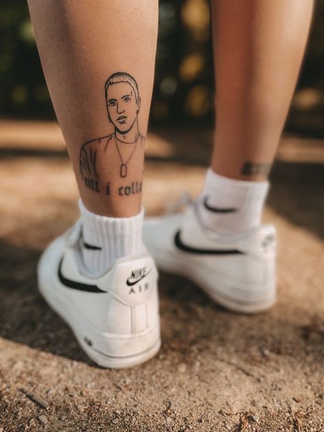 Eminem’s Tattoo, Eminem Small Tattoo, Slim Shady Tattoo Ideas, Eminem's Tattoos, Portrait Tattoo Placement, Eminem Tattoo Design, Slim Shady Tattoo, Eminem Inspired Tattoos, Eminem Tattoo Ideas