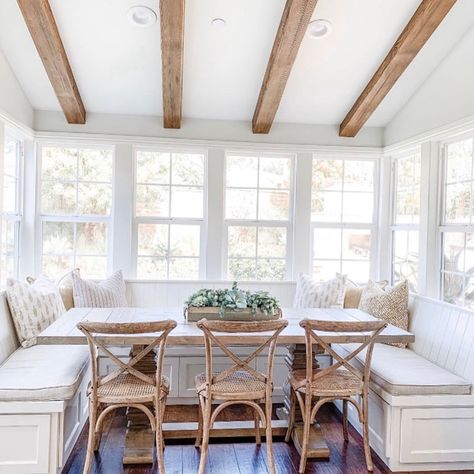 Coastal Farmhouse Breakfast Nook, Eat In Kitchen Window Seat, Square Table Breakfast Nook, Kitchen Table With Built In Wall Bench, Kitchen Bench Seating Under Window Breakfast Nooks, Breakfast Nook Built In, Kitchen Bench Seating Under Window, Vintage Breakfast Nook, Small Dining Nook