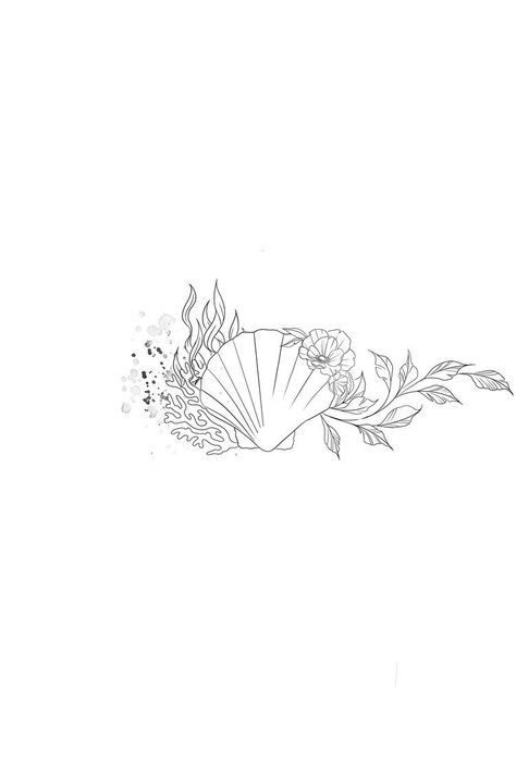 Flowers And Shells Tattoo, Beach Line Art Tattoo, Floral Starfish Tattoo, Sea And Flower Tattoo, Floral Sea Tattoo, Beach Floral Tattoo, Floral Shell Tattoo, Seashell With Flowers Tattoo, Ocean Wrap Around Tattoo