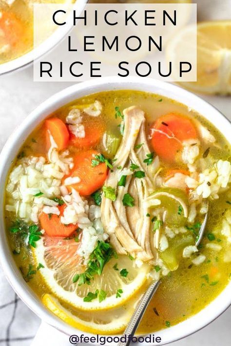 Similar to Chicken Noodle Soup, this Chicken Lemon Rice Soup is a cozy and comforting recipe full of hearty vegetables, chicken and a homemade lemony broth! | Soup Recipes | Chicken Soup | Healthy Soup | Simple Recipes #chickensoup #souprecipes #healthysoup #lemonsoup #feelgoodfoodie Chicken Soup Healthy, Broth Soup Recipes, Soup Recipes Chicken, Lemon Rice Soup, Soup Simple, Broth Soup, Chicken Lemon, Wallpaper Food, Lemon Soup