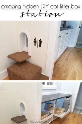 Love this cat door and the enclosure. Might be overkill with the cabinet and fans, etc. but some of the ideas would be good. Cat Door Diy, Cat Litter Box Diy, Diy Litter Box, Katt Diy, Hidden Litter Boxes, Katt Grejer, Chat Diy, Cat Litter Box Enclosure, Litter Box Furniture