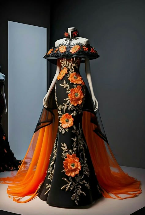 Orange And Black Wedding Dress, Catrina Costume Dresses, Mexican Inspired Outfit, Catrina Dress, Mariachi Outfit, Catrina Costume, Gaun Fashion, Mexican Dresses, Fantasy Gowns