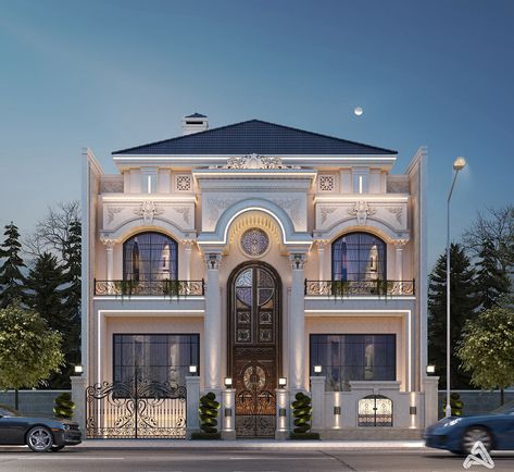 Classic Exterior design on Behance Classic Villa Exterior, Classic Exterior Design, Classical Villa, Villa Exterior Design, Narrow House Designs, Vray Render, Classic House Exterior, Classic Villa, Stucco Homes