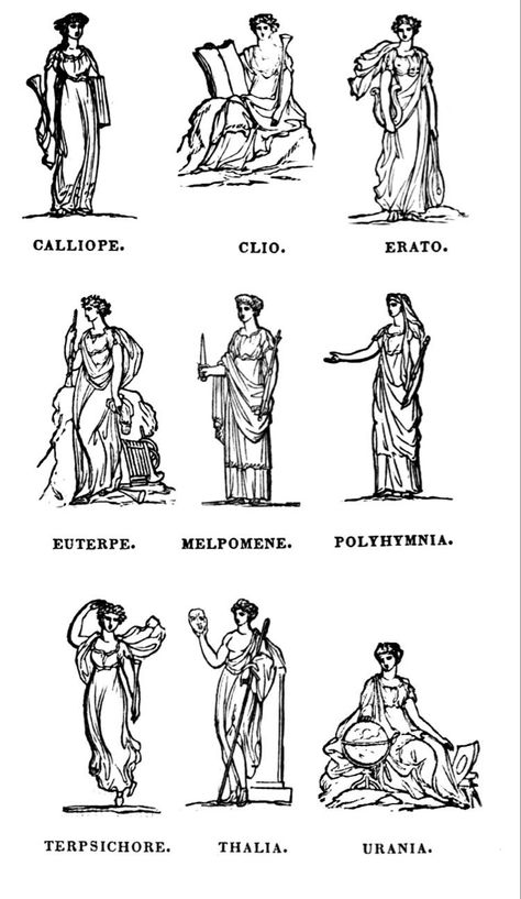 Greek Mythology Tattoos Muses, Muses Tattoo Greek, Nine Muses Tattoo, Greek Muses Illustration, Calliope Greek Mythology, Three Muses Tattoo, Greek Muses Art, Nine Muses Mythology, The Nine Muses Greek Mythology