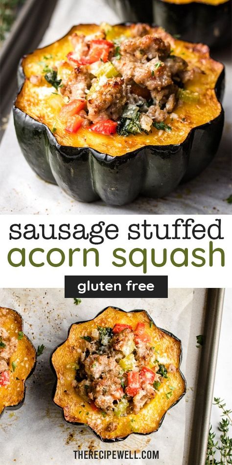 Apple And Squash Recipes, Sausage Acorn Squash Recipes, Danish Squash Recipes, Italian Sausage Stuffed Acorn Squash, Acorn Squash And Sausage Recipes, Chicken Acorn Squash Recipes, Heirloom Squash Recipes, Acorn Squash Fries, Halloween Entrees Food Ideas