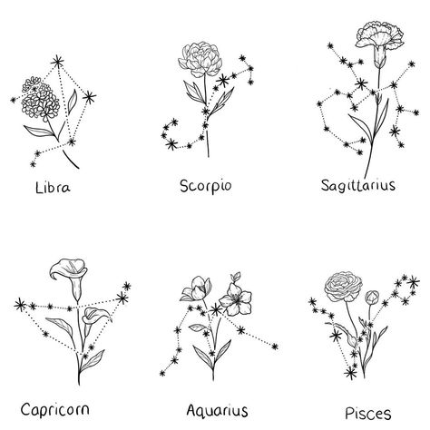 Little floral constellations available! Flowers can be changed 🌸 Message me to book - only a few spots left in August ✨(ignore my child… Scorpio Constellation Tattoos, Aquarius Constellation Tattoo, Sagittarius Tattoo, Astrology Tattoo, Horoscope Tattoos, Aquarius Tattoo, Capricorn Tattoo, Pisces Tattoos, Small Flower Tattoos