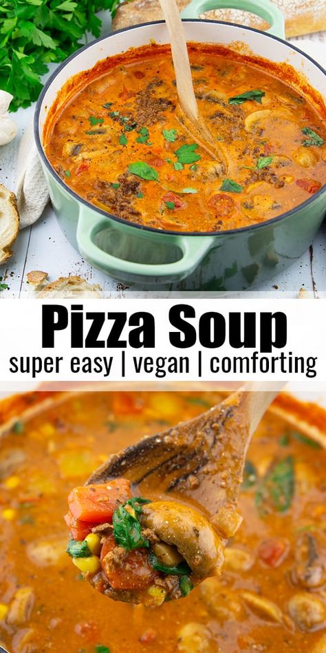 I've got the perfect recipe for all pizza fans and soup lovers: pizza soup! This recipe is a genius fusion and it will change your comfort food game. Imagine all the goodness of pizza in a cozy bowl of soup. And the recipe is vegan and takes only 20 minutes to make! Soup Lovers, Vegan Ground Beef, Pizza Soup, Food Game, Vegan Soup Recipes, Vegan Soups, Vegan Comfort Food, Vegetarian Soup, Vegan Pizza