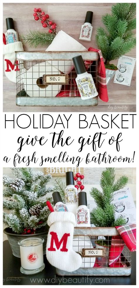 #ad #MerrySpritzmas Keep the stink out of your bathroom this holiday season with a festive guest basket filled with Poo~Pourri® products! Find out more at diybeautify! Bathroom Gift Ideas, Bathroom Gift Basket Ideas, Christmas Guest Bedroom, Winter Gift Basket, Guest Basket, Holiday Bathroom, Holiday Baskets, Bathroom Gifts, Christmas Soap