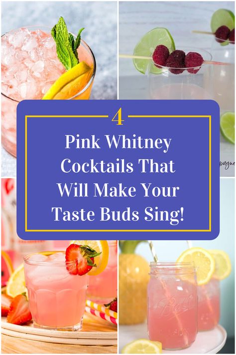 Collage of 4 pink whitney cocktails. Drinks To Make With Pink Whitney, Drinks Made With Pink Whitney, Mixed Drinks With Pink Whitney, Cocktails With Pink Whitney, Pink Whitney Mixed Drinks, Pink Whitney Recipes, Mix Drinks With Pink Whitney, Pink Whitney Cocktails, Drinks With Pink Whitney