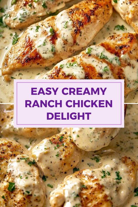 This pin showcases an Easy Creamy Ranch Chicken Delight with a mouthwatering velvety sauce coating tender chicken, using 2 images of the completed dish garnished for a rich presentation. Chicken Ranch Dressing Recipes, Chicken Breast Ranch Recipes, Chicken In Cream Sauce Recipes, Easy Chicken Dinner Recipes For Family, Ranch Chicken Breast Recipes, Oven Ranch Chicken, Ranch Chicken Healthy, Sauce For Chicken Breast, Chicken Ranch Recipes