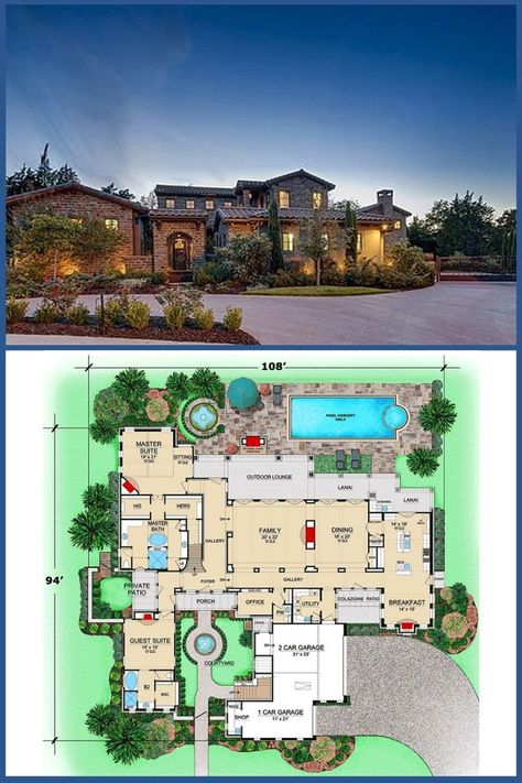 Tuscan Floor Plans, Courtyard Floor Plan, Spanish Style Homes Plans, Modern Tuscan Home, Tuscan Home Plans, Home With Courtyard, Tuscan Architecture, Contemporary Mansion, Modern Tuscan