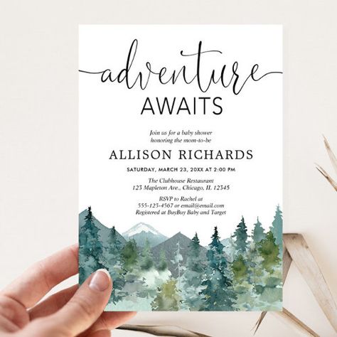 Adventure awaits rustic woodland baby shower for $2.95 - Bridal Shower Invitations Unique Baby Shower Themes, Rustic Baby Shower Invitations, Modern Baby Shower Invitations, Gender Neutral Baby Shower Invitations, Woodland Baby Shower Invitations, Modern Baby Shower, Rustic Baby, Rustic Baby Shower, Invitation Baby Shower