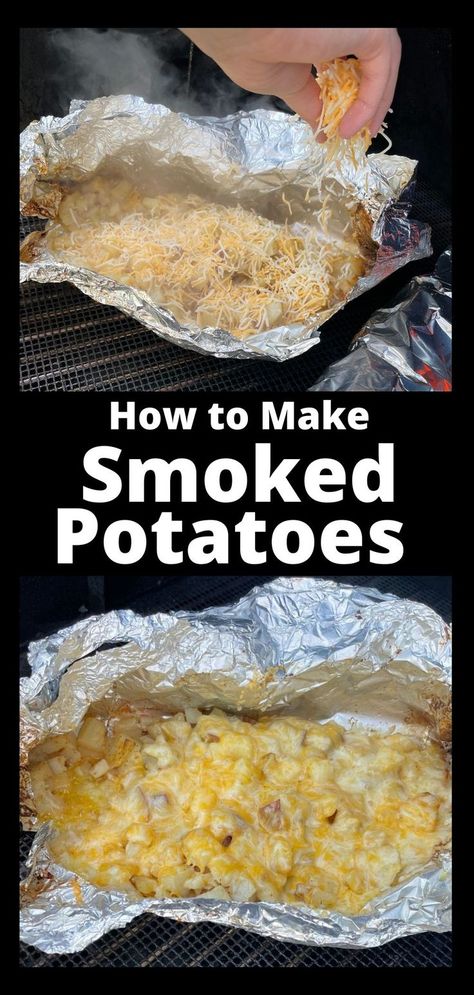 A foil packet with diced potatoes cooking on a pellet smoker and then topped with shredded Colby Jack cheese until it's melted. Pit Boss Pellet Grill Recipes, Grilled Potato Recipes, Easy Smoker Recipes, Smoked Dishes, Traeger Cooking, Pellet Smoker Recipes, Smoked Potatoes, Pellet Smoker, Easy Pork Chop Recipes