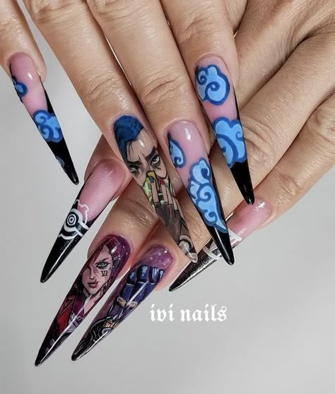 Arcane Nails, Arcane Brainrot, Anime Nail, Punk Nails, Anime Nails, Goth Nails, Cute Nail Designs, Long Acrylic Nails, Nails Designs