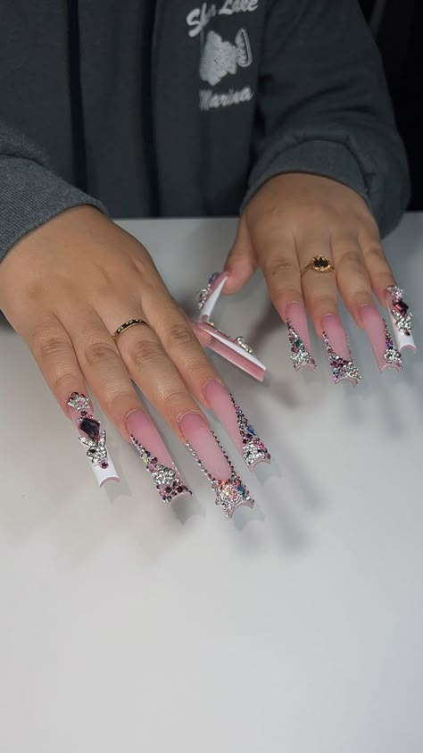 Acrylic Nails Extra Designs, Blinged Out Pink Nails, Long Dramatic Nails, Dramatic Nails Acrylic Long, Extra Baddie Nails Long, Long Acrylic Nail Designs Baddie, Junk Nails Bling Medium, Extra Long Nail Ideas, Long Bling Acrylic Nails