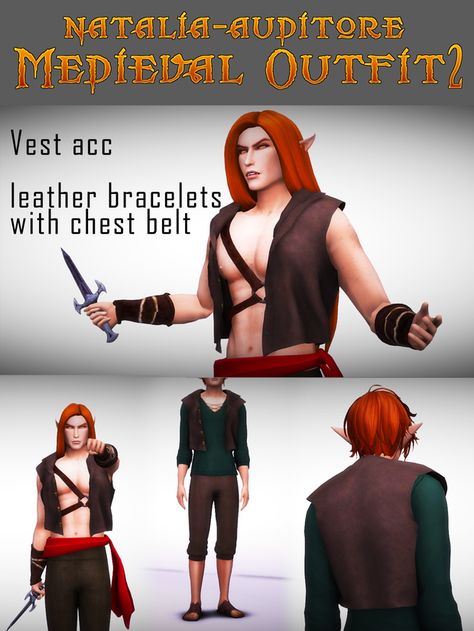 Medieval Outfit 2 by Natalia-Auditore: Vest Acc, Chest Belts + Bracelets Acc [#ts4_adult_top]  [#ts4_adult_acc]  [#ts4_bacc_elf]  [#ts4_bacc_dragon]  [#ts4_bacc_human]  [#ts4_bacc_orc]  [#ts4_eras_g1] Fantasy Apocalypse, Medieval Apocalypse, Natalia Auditore, Sims 4 Medieval, Medieval Clothing Men, Medieval Outfit, Sims 4 Piercings, Sims Medieval, Elf Man