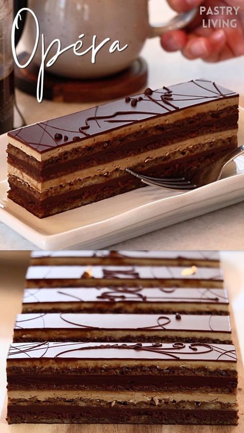 Chocolate Opera Cake Recipe, Chocolate Genoise Cake, Chocolate Opera Cake, Bar Cakes Ideas, Torte Cake Recipes, Opera Cake Decoration, Entrements Cake, Pastel Opera, French Opera Cake