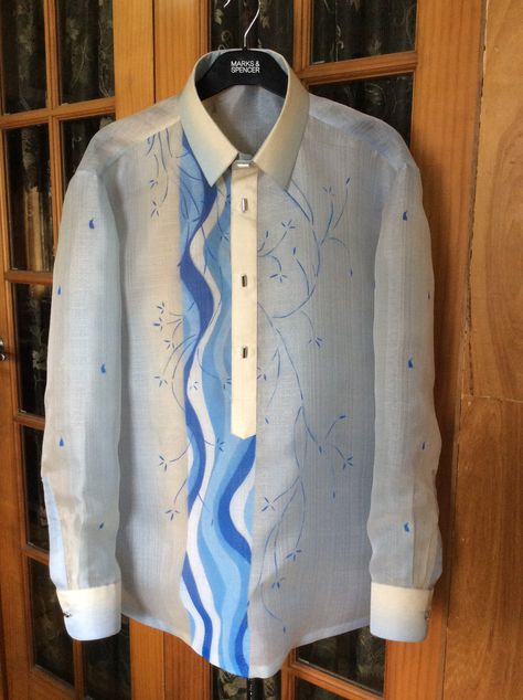 Blue Dominated Wave Barong Modern Barong, Cultural Outfits, Philippines Fashion, Barong Tagalog, Modern Minimalist Wedding, Men Stylish Dress, Long Frocks, Military Uniforms, Indo Western