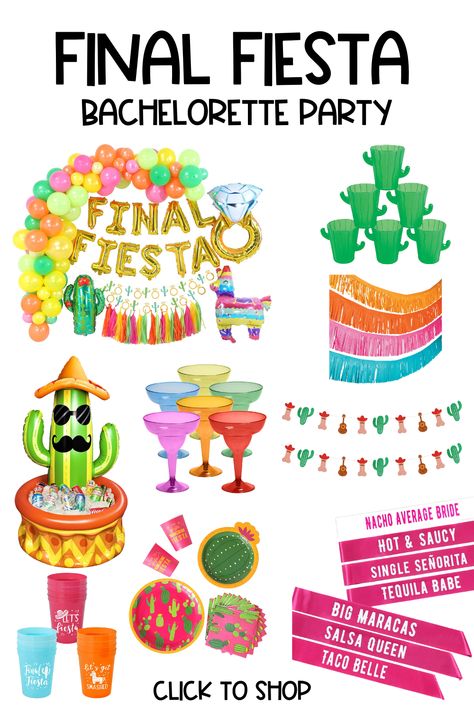 Going to Mexico for your bachelorette trip? Staying stateside, but looking to have a Final Fiesta themed bachelorette party? I've got you covered with all the bachelorette supplies and decorations you need that are sure to have the bride squealing with joy! Click the link or photo to shop these items in my storefront! The Final Fiesta Bachelorette Party, Her Last Fiesta Bachelorette, Last Siesta Before The Fiesta, Bachelorette Party Themes Non Alcoholic, Nacho Average Bride Bachelorette, Spanish Bachelorette Party Ideas, Final Fiesta Decor, The Last Fiesta Bachelorette, Bachelorette Party Last Fiesta