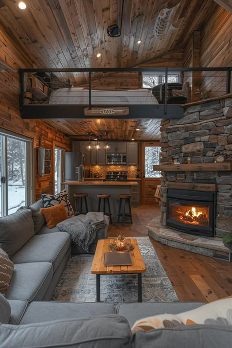 16 Unique Modern Tiny House Ideas to Inspire 21 Small Cozy House Ideas, Tiny Home In The Mountains, Tiny Home Fireplace Ideas, Creative Living Spaces, Small Cabin Home Plans, Tiny House Luxury Small Homes, Unique Tiny Home Ideas, Shed Homes Interior Small Houses, Small Barndo Interior