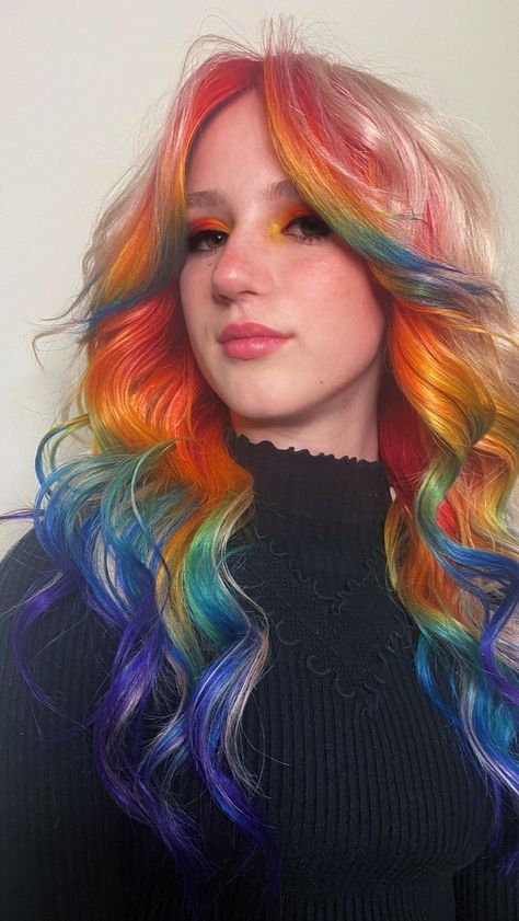 Dark Colorful Hair Ideas, Colorful Hair Dark Roots, Rainbow Peek A Boo Hair, Rainbow Hair Sectioning, White Hair With Rainbow Highlights, Brown Hair With Rainbow Underneath, Bright Rainbow Hair, Rainbow Hair Peekaboo, Rainbow Peak A Boo Highlights