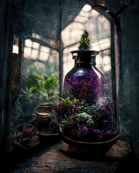 Luisa su Instagram: "Witch potions 🧪🔮✨ . . . . . #witch #greenhouse #spookyseason #halloween #coven #witches #midjourney #midjourneyart #ai #aiart…" Witch Greenhouse, Halloween Greenhouse, Coven Witches, Witch Potions, Witch Potion, Coven, House In The Woods, Apothecary, Photo Image