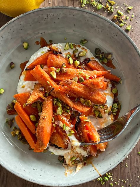 PARMESAN CARROTS WITH WHIPPED BASIL FETA & HOT HONEY Carrots With Whipped Feta, Parm Crisps, Parmesan Carrots, Honey Carrots, Feta Recipes, Veg Dishes, Whipped Feta, Cooked Carrots, Hot Honey