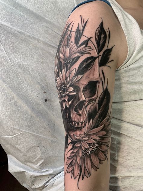 Skull Flower Shoulder Tattoo, Skeleton And Flowers Tattoo Sleeve, Flower Skull Tattoos For Women, Floral Skull Tattoos For Women, Pretty Skull Tattoos For Women, Female Skull Tattoo, Feminine Skull Tattoos For Women, Neotraditional Sleeve, Unique Skull Tattoos