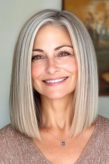 Save this pin for the best hairstyles for women over 50. A blunt lob (long bob) is all about sleek, straight edges. The ends are cut perfectly blunt, which instantly makes your hair look healthier. It’s the haircut for women who love clean lines and a sharp finish. Lob Thick Hair Straight, Sleek Lob Haircut, Straight Edge Haircut, Lob Straight Hair, Side Part Long Bob, Long Bob Hair Styles, Long Lob Haircut, Long Lob, Aline Bob