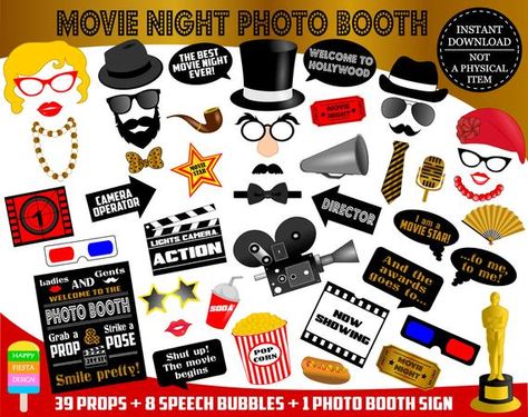 Movie Night Photo Booth, Party Photos Ideas, Movie Night Sign, Hollywood Party Theme, Photo Booth Sign, School Auction, Selfie Captions, Movie Night Party, Hollywood Photo