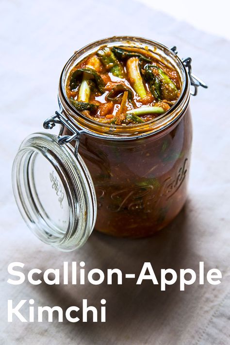 Scallion-Apple Kimchi Korean Pickles Recipe, Korean Bbq At Home, Bbq At Home, Endive Recipes, Scallions Recipes, Mackerel Recipes, Kimchi Recipe, Korean Fried Chicken, Asian Inspired Recipes