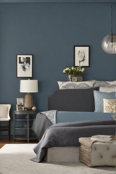 bedroom interior design, interior decor, wall painting, home design space planning Bedroom Charcoal, Colors For Bedroom, Blue Bedroom Paint, Sterling Gray, Paint Guide, Sterling Grey, Charcoal Blue, Bedroom Updates, Gray Cabinets