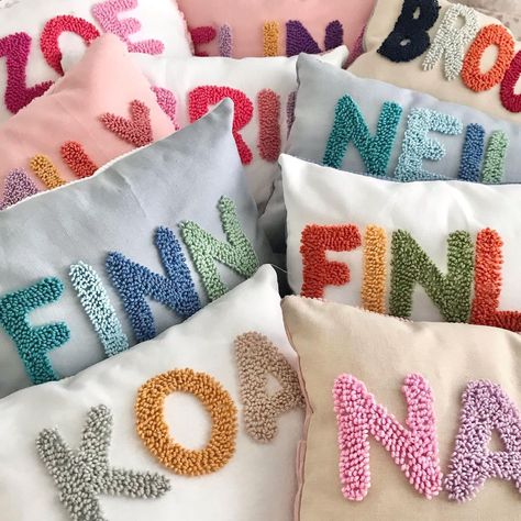 Punch Needle | Decor | Play on Instagram: “The first lot of the May order’s pillow pile 💓👐☺️Will be going out tomorrow or Tuesday, just waiting on my aftercare sheets to print. •…” Punch Needle Name Pillow Diy, Punch Needle Pillows Diy, Punch Needle Name Pillow, Punch Needle Pillows, Punch Needle Pillow Diy, Punch Needle Nursery, Shared Nursery, Punch Needle Pillow, Needle Cushion