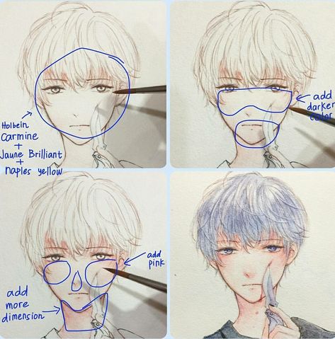 Manga Watercolor Tutorials, Watercolor Hair Anime, Anime Hair Colouring Tutorial, Anime Painting Color Pencil, Manga Watercolor, Watercolor Face, Watercolor Art Face, Anime Lineart, Portrait Design