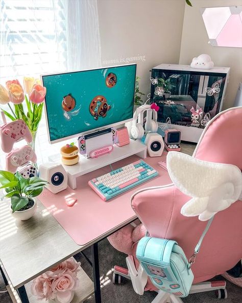 Blue Office Desk, Pink Milkshake, Pink Keyboard, Desk Aesthetic, Blue Desk, Affordable Aesthetic, Blue Office, Video Game Room Design, Desk Inspo