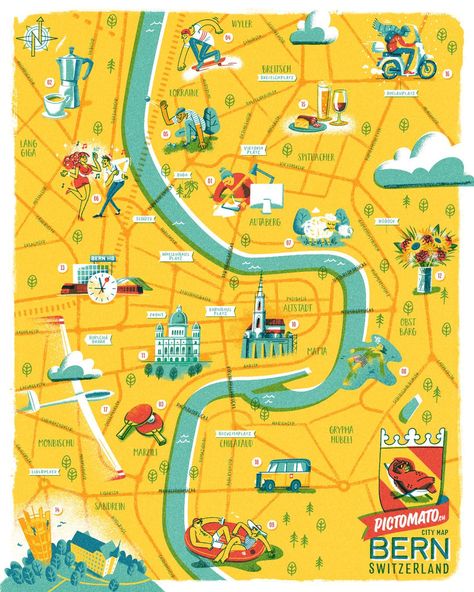 Places Drawing, City Maps Illustration, City Maps Design, Illustrated Maps, Armchair Travel, Bern Switzerland, Visual Communication Design, City Illustration, Game Inspiration