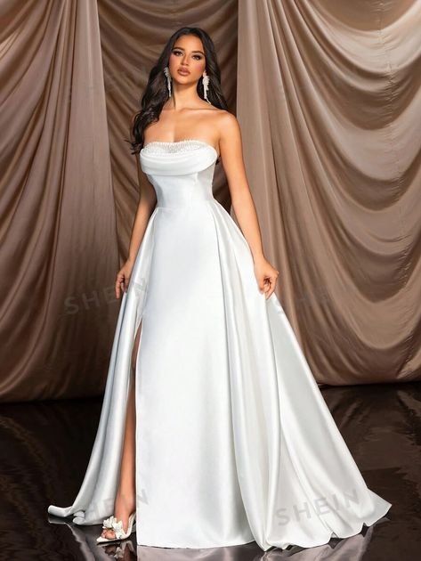 SHEIN Belle Elegant White Off Shoulder Neckline Handmade Pearl Pleated Design Ball Gown Bridal Dress | SHEIN USA Off Shoulder Neckline, Elven Dress, Informal Wedding Dresses, Gown Bridal, Bridal Ball Gown, White Off Shoulder, Colored Wedding Dresses, Elegant Wedding Dress, Bridal Dress