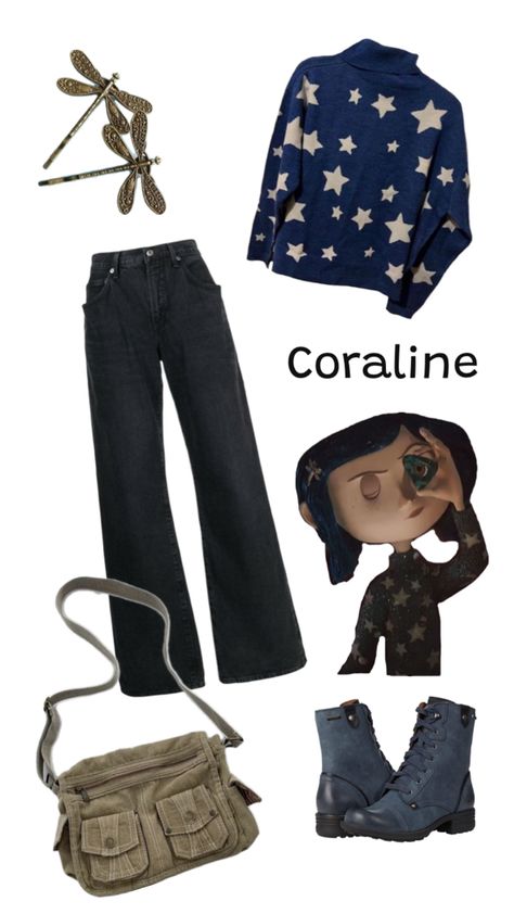 Coraline Blue Sweater, Coraline Star Sweater Outfit, Coraline Star Outfit, Crochet Coraline Sweater, Coraline Outfit Ideas, Coraline Aesthetic Outfit, Coraline Star Sweater, Star Sweater Outfit, Coraline Inspired Outfit