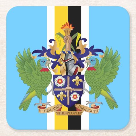 Saint Lucia Flag Colors & Coat Of Arms Square Paper Coaster - Saint Lucia Gift St Lucia Flag, Saint Lucia, Hawaiian Theme, Paper Coaster, Square Paper, Flag Colors, St Lucia, Family Reunion, Coat Of Arms